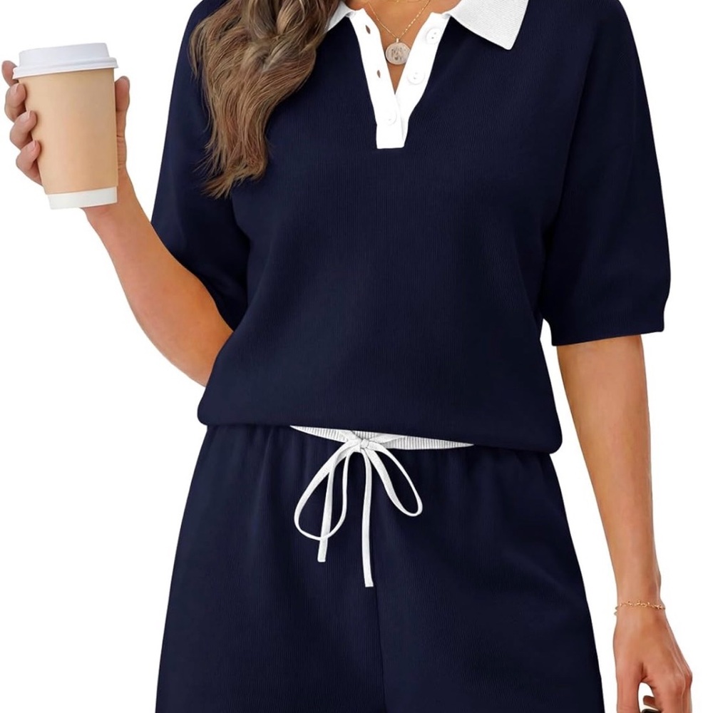 Navy & White Knit Two-piece Short Set Collared Polo Top & Drawstring Shorts NWT